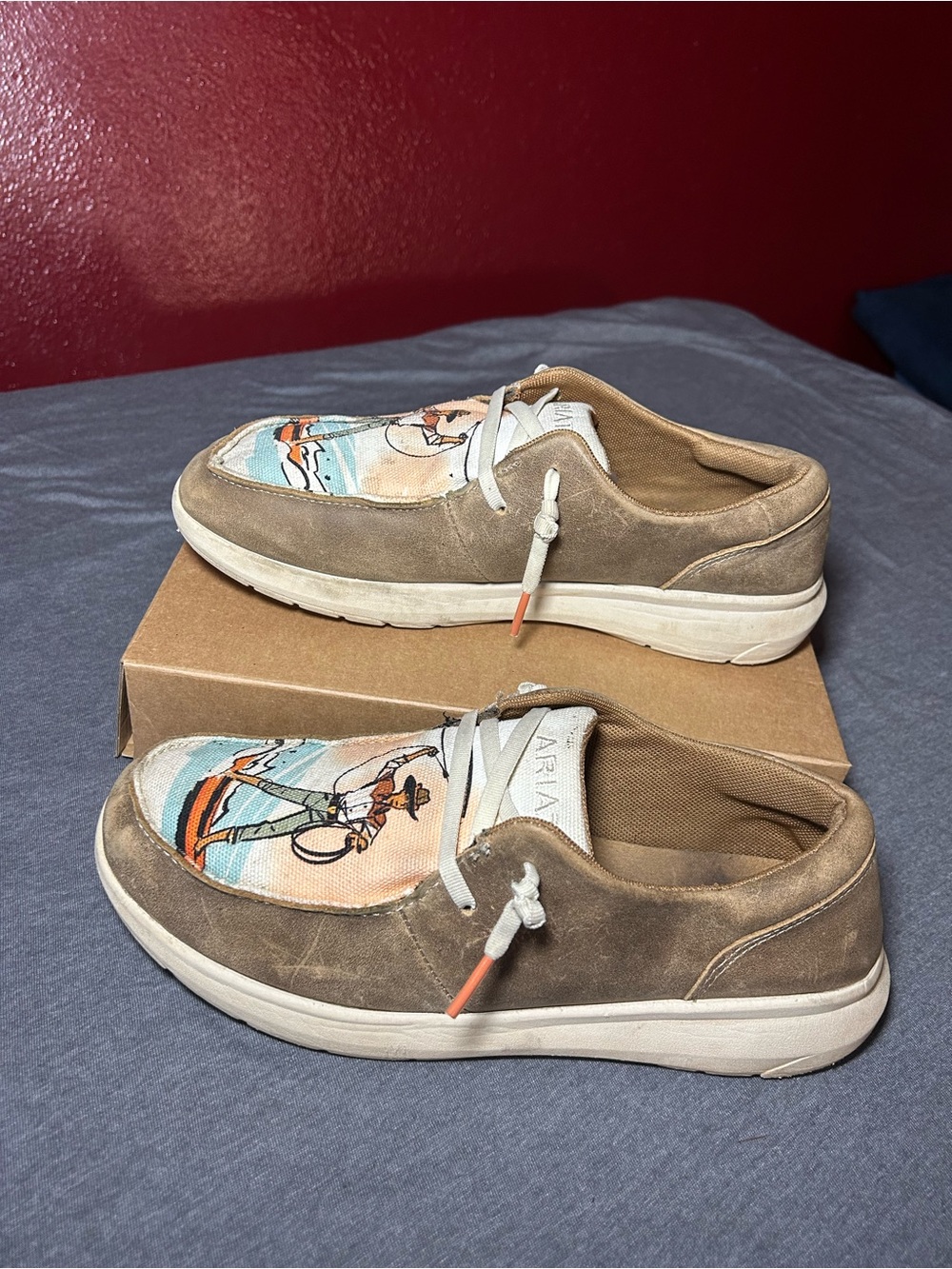 Ariat Tan Suede Slip-On Loafers with Surf-Print Vamp